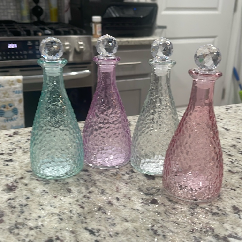 4 Mermaid Under the Sea inspired glass bottles w/decorative stopper top NWT